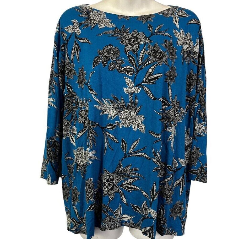J Jill Wearever Collection Womens Blue Black Dark Floral Stretch Knit Top sz L